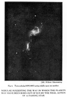 view M0006076: Twin nebulae (N.C.G. 4395 and 4401) acting tidally, from Jeans: <i>Eos: or the Wider Aspects of Cosmogony</i> (1928)