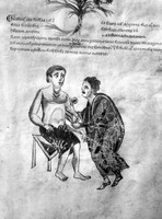 view M0007184: Manuscript illustration from <i>Medicina Antiqua</i> of a physician treating a patient's stomach pains