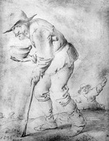 view M0006881: A man hunched over carrying a bowl and cane