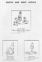 view M0006391: Wellcome Historical Medical Museum display: drawings of birth postures from South and West Africa