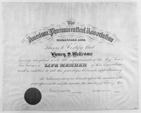 view M0008017: Sir Henry Wellcome's certificate of life membership of the American Pharmaceutical Society