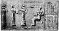 view M0008450: Sumerian seal showing votaries approaching the moon god, Sin, c.2400 B.C.