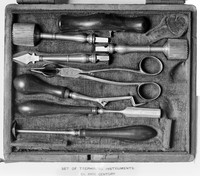 view M0008340: Trepanning instruments in case, c.18th century