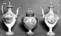 view M0007510: Three pharmacy jars with landscape decoration