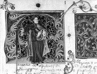 view M0007913: Historiated initial decorated with a physician holding a urine flask