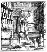 view M0007386: Illustration of a laboratory and library of an apothecary