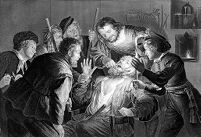 view M0007546: Dentist and assistants removing a patient's tooth
