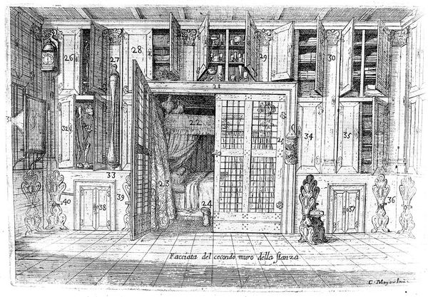 M0007362: Engraving of an apothecary shop showing interior wall