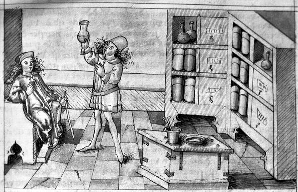M0007381: Manuscript illustration of an apothecary examining urine