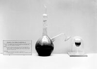 view M0007561: Flask and a covered glass containing ox blood for Lister display