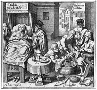 view M0007909: A physician tending to a sick man in bed and a surgeon amputating a man's leg