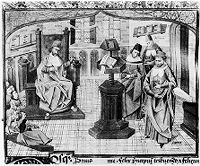 view M0009290: Guy de Chauliac lecturing to students with Avicenna, Hippocrates, and another, possibly Galen, standing by