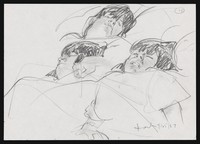 view Three views of the face of a woman in labour, all with her eyes closed.