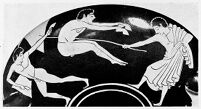 view M0009555: Section of ancient Greek red-figure pottery decorated with athletes