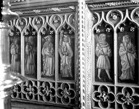 view M0009935: Saints Cosmas and Damian in the rood screen of St Mary's church, Wolborough, Devon.