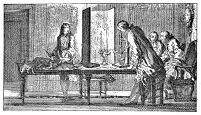view M0010834: Georges-Louis Leclerc, Comte de Buffon and friends studying mammalian generation through a microscope
