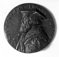 view M0010505: Bronze medal showing Girolamo Fracastoro [Hieronymus Fracastorius] (c.1476-1553) / M0010505EB: Reverse side of a bronze medal showing Girolamo Fracastoro [Hieronymus Fracastorius] (c.1476-1553)