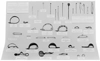view M0011844: Photograph of a display showing the evolution of the safety pin for the exhibition Prehistoric Man in Health and Sickness held at the Wellcome Historical Medical Museum, London, in 1951