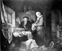 view M0011167: A physician examining a urine flask brought by a young woman