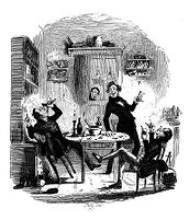 view M0012155: Reproduction of an illustration depicting "Drinking Party at Bob Sawyers" from Charles Dickens' Posthumous Papers of the Pickwick Club, 1837