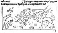 view M0011319: The leopard and the unicorn fighting the dragon, from Pergaminus: <i>Dialogus creaturarum</i>, 1480
