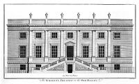 view M0011970: Reproduction of an engraving of the facade of the Surgeons' Hall, Old Bailey, London, 1756