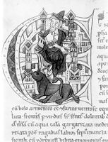 view M0011866: Reproduction of an initial illumination for the letter "E" showing a man and an animal with buildings in the background, from Antidotarium Magni Galeni, a 13th century manuscript in Basle