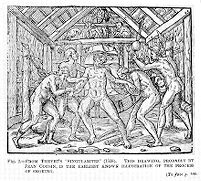 view M0011061: Early drawing of the process of smoking, 16th Century