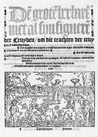 view M0011840: Reproduction of the woodcut title page from Den groten herbarius met al sijn figueren der Cruyden, om die crachten der cruyden te onderkennen or The Great Herbal, 1547