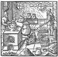 view M0011852: Reproduction of a woodcut showing the method of refining sulphur from Georg Agricola's De re metallica libri XII, 1621