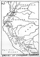 view M0011664: Map of the north eastern part of South America showing the distribution of various species of cinchona