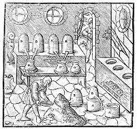 view M0011850: Reproduction of a woodcut showing the distillation of quicksilver (refining) from Georg Agricola's De re metallica libri XII, 1621