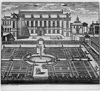 view M0011871: Reproduction of an engraving described as Jardin Royal, Paris: showing figures strolling in the garden by J.B. Scotin the younger