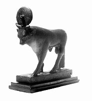 view M0011111: Bronze figure of the Egyptian deity Apis, depicted as a bull