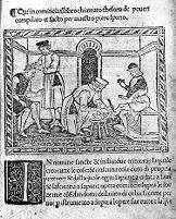 view M0011838: Reproduction of a woodcut depicting two surgeons with patients from Pope John XXI's Thesaurus pauperum, 1497