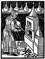 view M0011822: Reproduction of a woodcut depicting distillation originally from Von den gebrannten Wassern, 1474