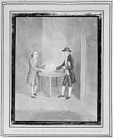 view M0011620: "Andre selling John Hunter's book on the Venereal Disease to Mr. Foot", from Foot: <i>The Life of John Hunter</i>, 1794