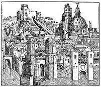 view M0011974: Reproduction of a woodcut in the Nuremberg Chronicle, 1493, depicting a view of Padua in the 15th century