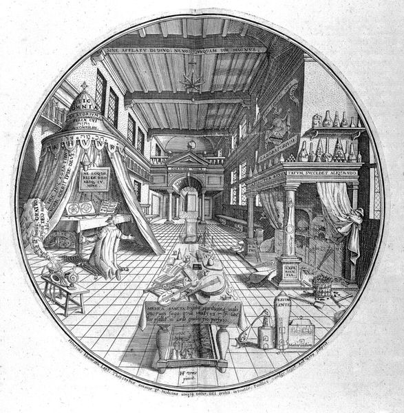 M0012392: Illustration of Khunrath with alchemical and musical instruments