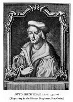 view M0011877: Reproduction of a portrait of Otto Brunfels (d. 1534), German theologian and botanist, after the engraving in the Hortus Bergianus, Stockholm