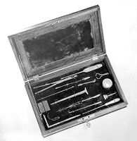 view M0012050: Photograph of an open case displaying various Roman surgical instruments found in Germany, and presented by Rudolf Ludwig Carl Virchow (1821-1902), German physician, anthropologist and pathologist