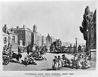 view M0012499: Illustration of Tottenham Court Road Turnpike, about 1800.