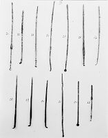 view M0011960: Photograph of thirteen Roman surgical instruments found at Pompei, including ear scoops in various cases with probe ends