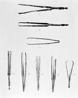 view M0011963: Photograph of eight Roman surgical instruments found at Pompei, including forceps or tweezers