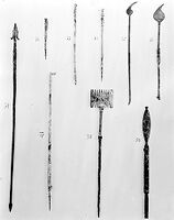 view M0011965: Photograph of nine Roman surgical instruments found at Pompei, including cauteries, scarifier, and one shaped like a miniature spear