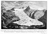 view M0012073: Reproduction of the view of the glacier of the Rhone, circa 1777, from De Beer's Early Travellers in the Alps, 1930