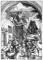 view M0013490: Woodcut depicting the birth of the Virgin Mary