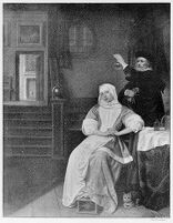 view M0013709: Physician holding up urine-flask, standing behind his patient, by van Hoogstraten