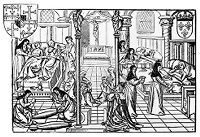 view M0013376: Illustration of a medieval hospital ward with religious nursing orders.