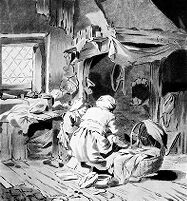view M0013907: Two women tending a child in a messy domestic interior